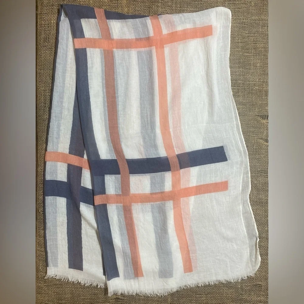 Look Scarf Beige W/Blue & Peach Stripes Plaid 100% Cotton Fringed 40” W 72” L